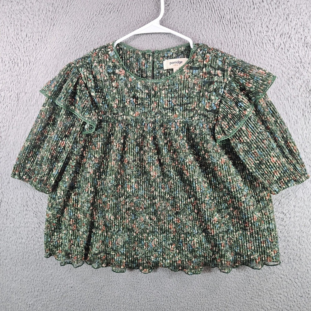 Porridge Clothing Green Floral Lace Pleated Ruffle Blouse Top XS Womens Boho